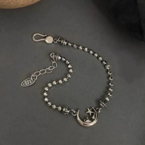 Sterling Silver Moon & Star Beaded Bracelet - Picture 3 of 6
